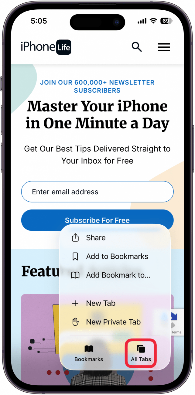 a screenshot of iphone safari browser with a red circle around all tabs button