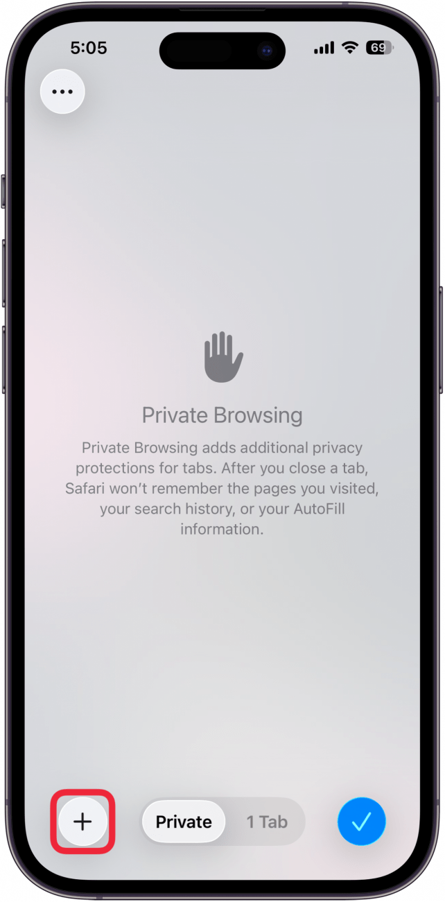 a screenshot of iphone safari private browser with a red circle around the plus button