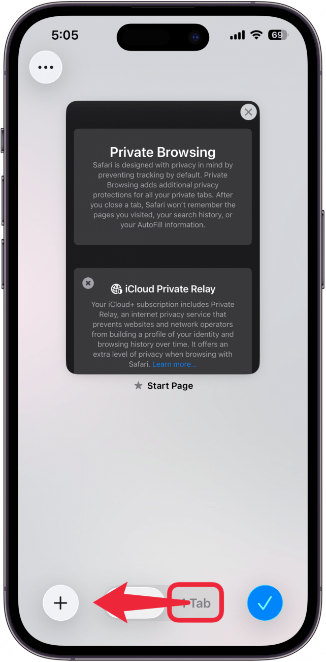 a screenshot of iphone safari private browser with a red circle around non-private tabs and a red arrow pointing to the left, indicating to swipe left