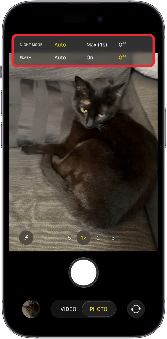 a screenshot of the camera app on the iphone displaying a menu for Night Mode options