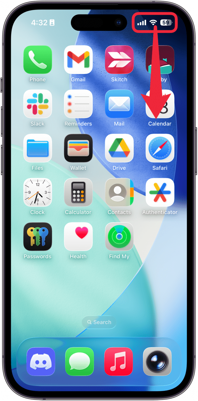 a screenshot of the iphone home screen with a red box around the right side of the status bar and a red arrow pointing downward, indicating to swipe down from the upper right edge of the screen