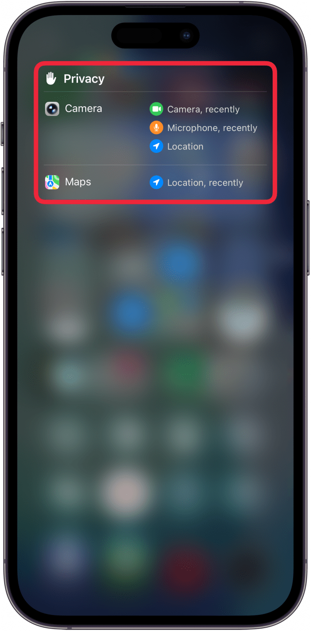a screenshot of the iphone control center displaying privacy window displaying which apps have recently used the camera, microphone, and location