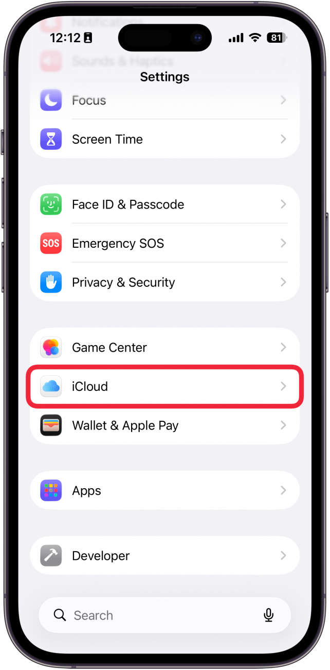 a screenshot of the iphone settings app with a red box around icloud