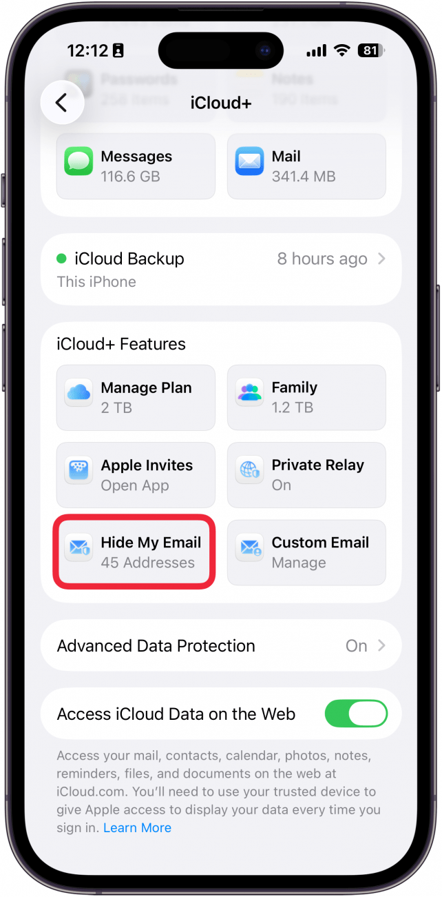 a screenshot of iphone icloud settings with a red box around hide my email
