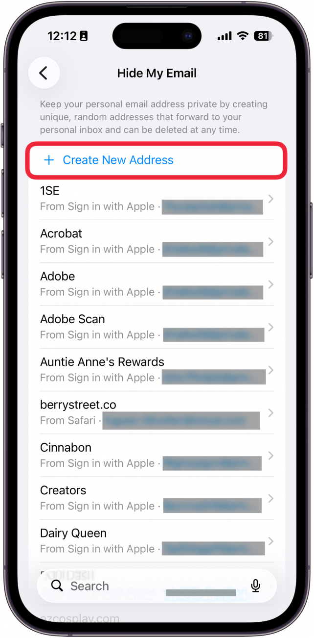 a screenshot of the iphone hide my email screen with a red box around create new address