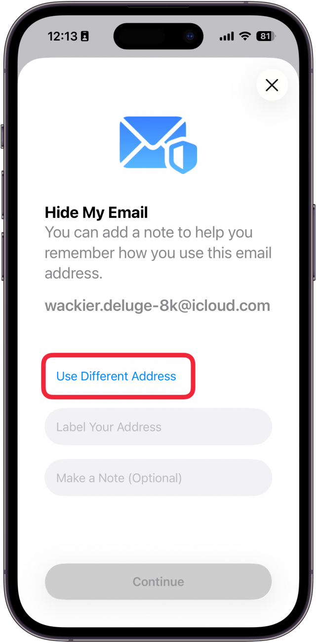 a screenshot of iphone hide my email create new address with a red box around use different address