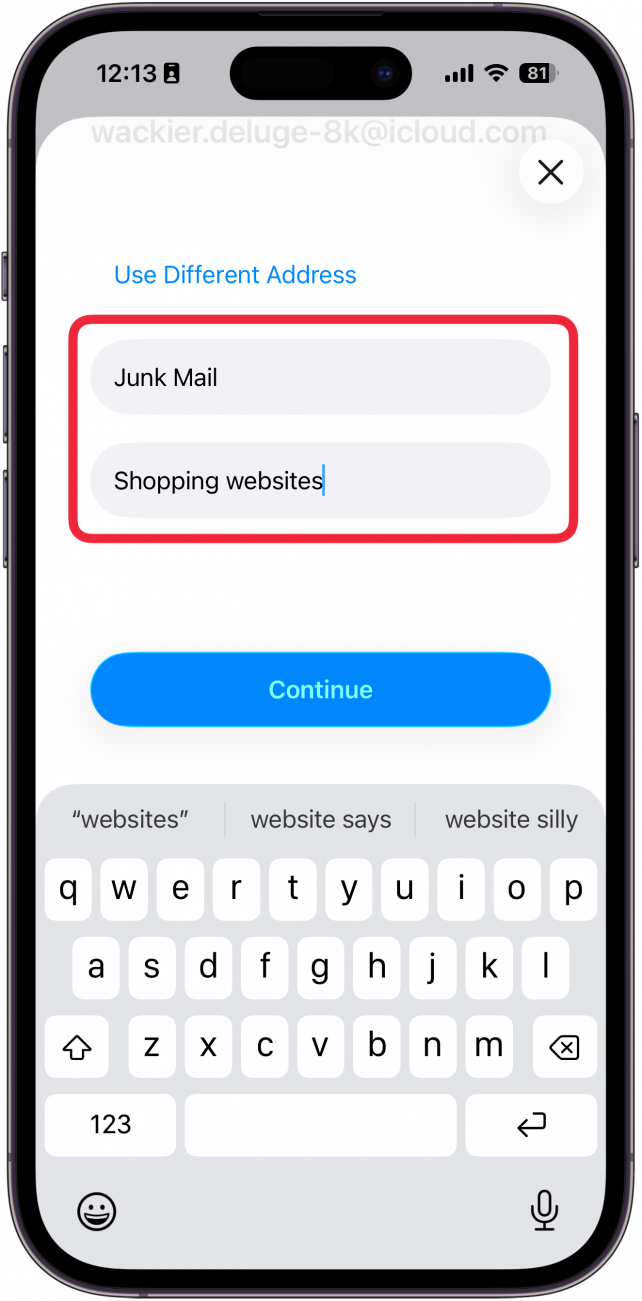a screenshot of iphone hide my email create new address with red boxes around label and notes fields which have been filled in to read "junk mail" and "shopping websites"