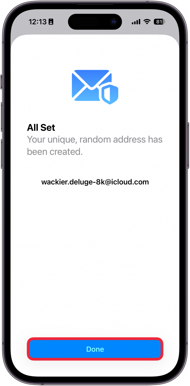 a screenshot of iphone hide my email create new address with a red box around done button