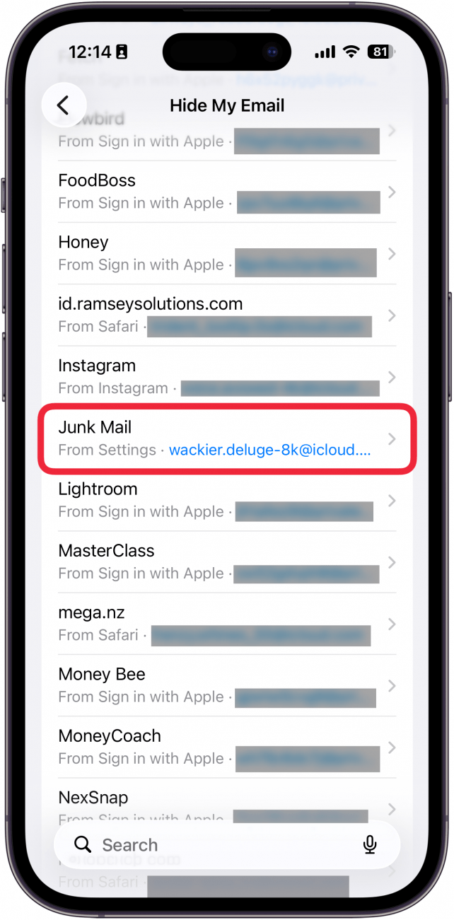 a screenshot of iphone hide my email address list with a red box around the email address labeled junk mail