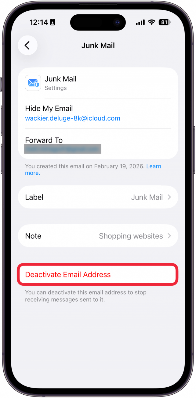 a screenshot of iphone hide my email address details screen with a red box around deactivate email address