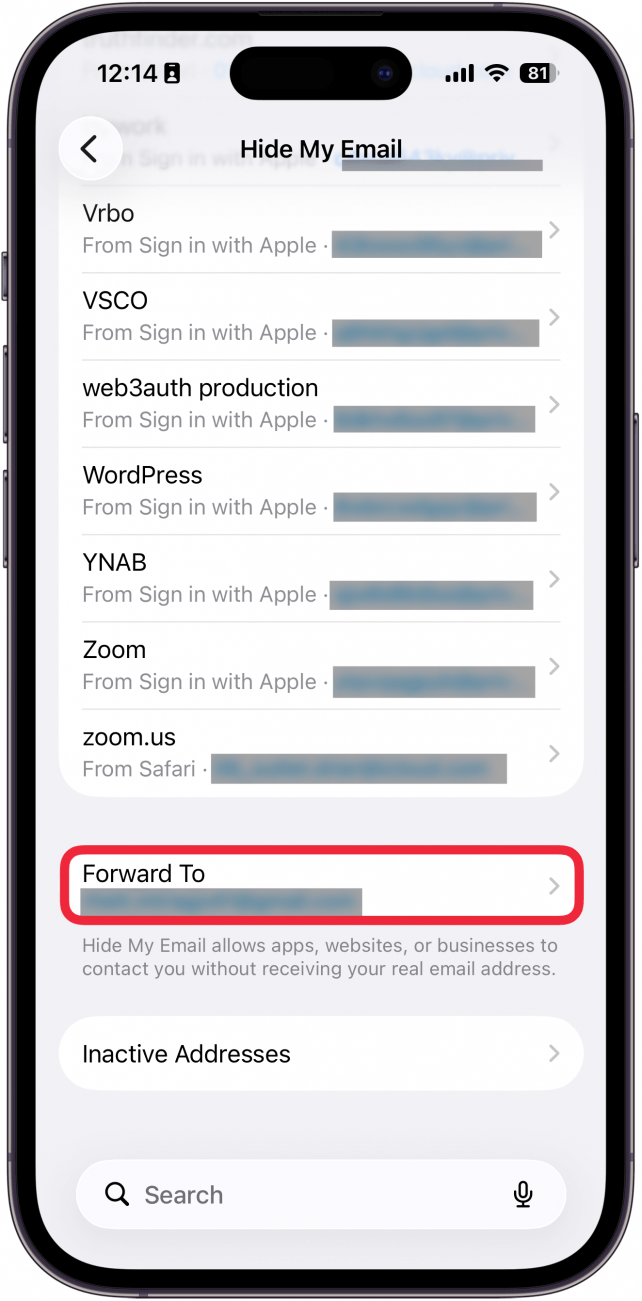 a screenshot of iphone hide my email address list with a red box around forward to