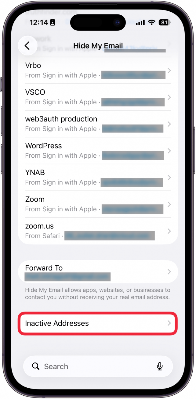 a screenshot of iphone hide my email address list with a red box around inactive addresses