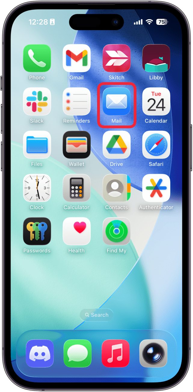 a screenshot of the iphone home screen with a red box around the mail app