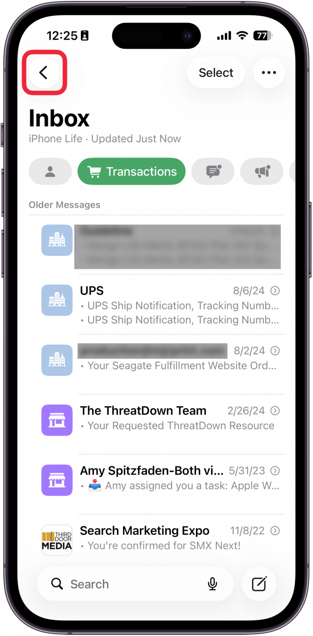 a screenshot of the mail app on iphone with a red box around the back button