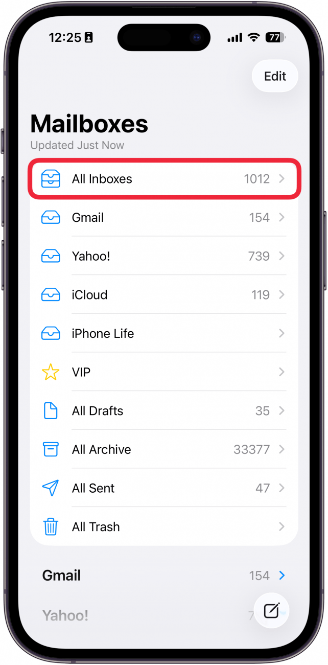 a screenshot of the mail app on iphone with a red box around all inboxes