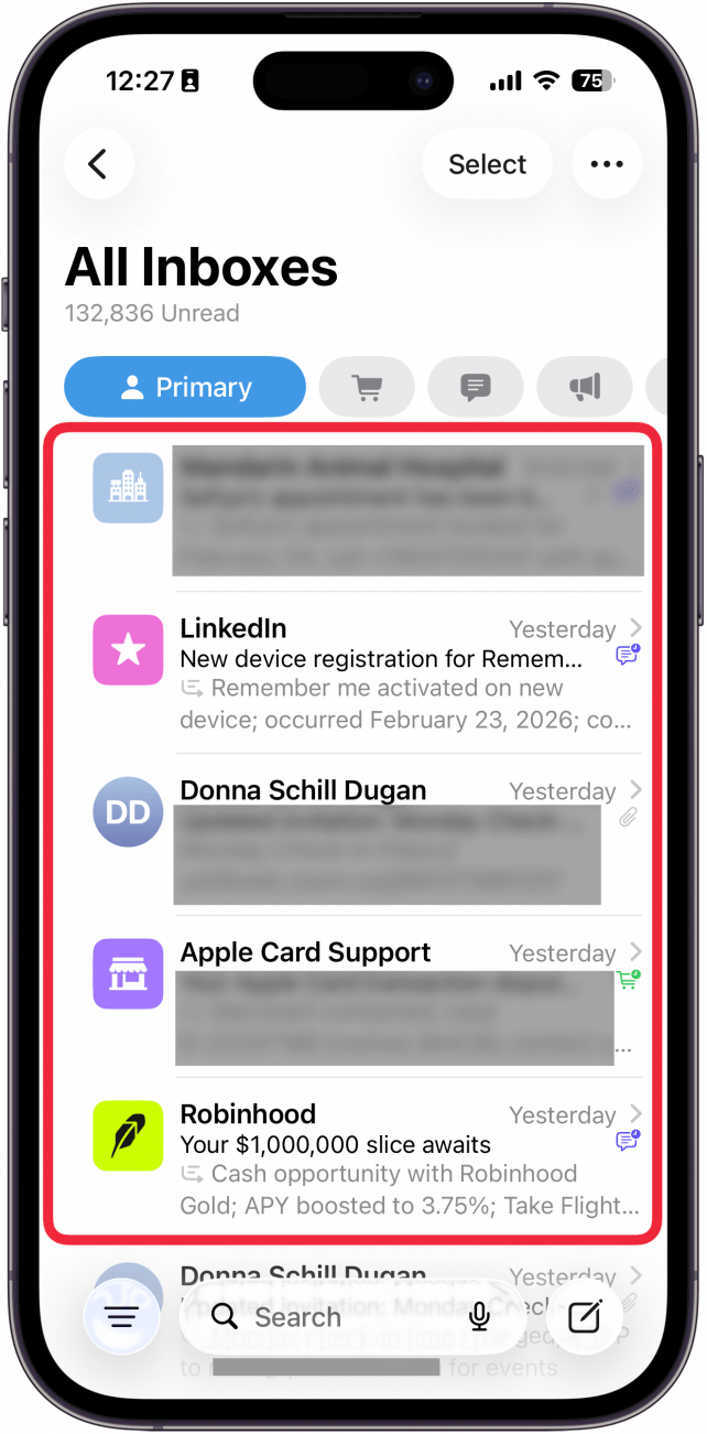 a screenshot of the mail app displaying all mail inboxes at once