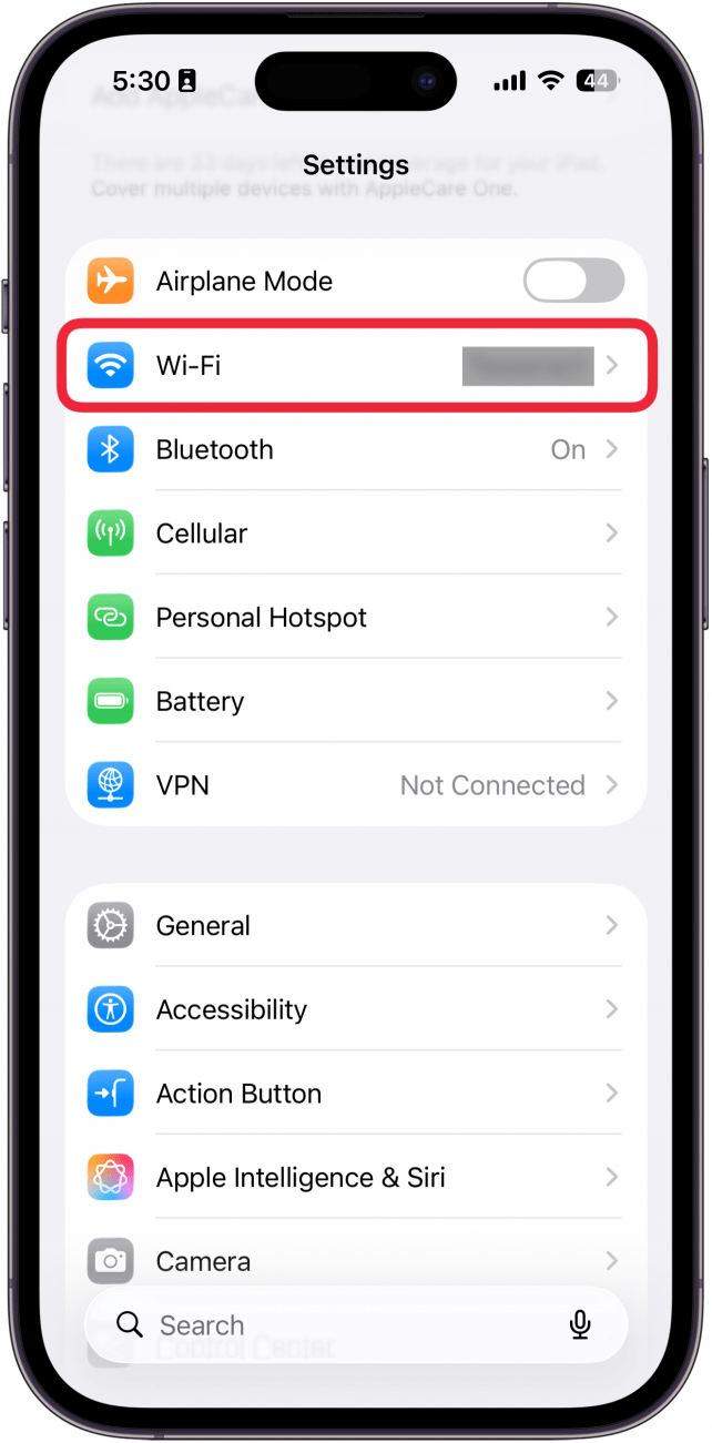 a screenshot of iphone settings with a red circle around Wi-Fi