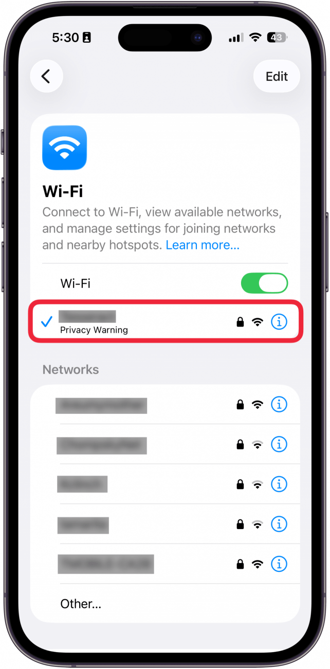 a screenshot of iphone wi-fi settings with a red box around connected wi-fi network which is labeled with a privacy warning