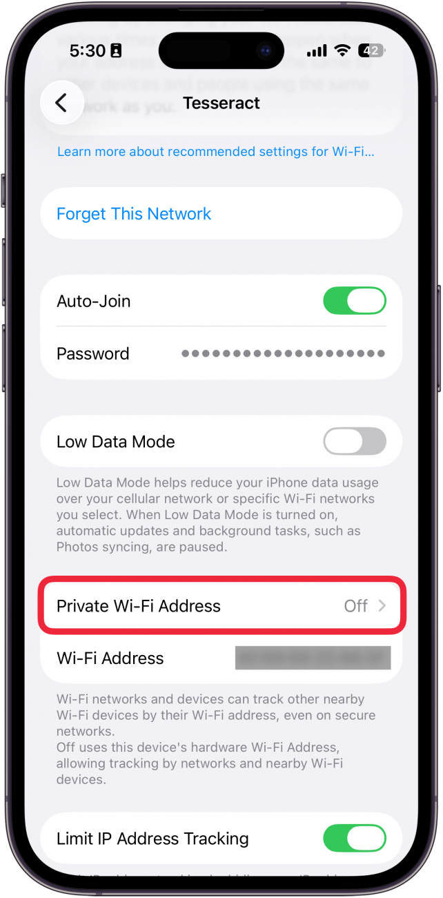 a screenshot of iphone wi fi settings with a red box around private wi fi address