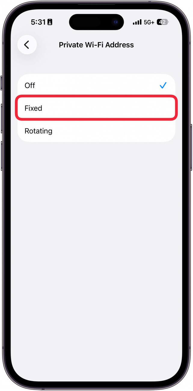 a screenshot of iphone wi-fi privacy settings with a red box around off, fixed, and rotating