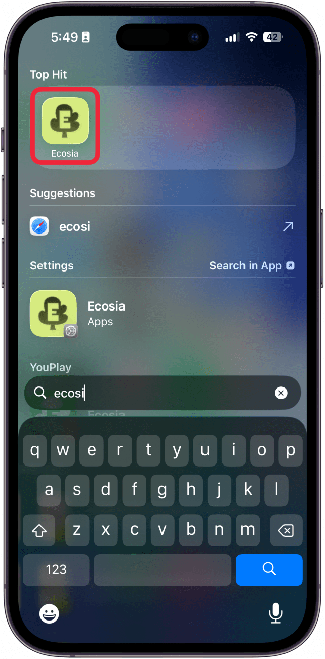 a screenshot of iphone spotlight search with a red box around the ecosia app