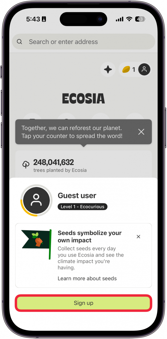 a screenshot of iphone ecosia app with a red box around sign up button