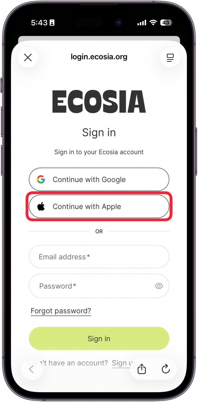 a screenshot of iphone ecosia app with a red box around continue with apple button