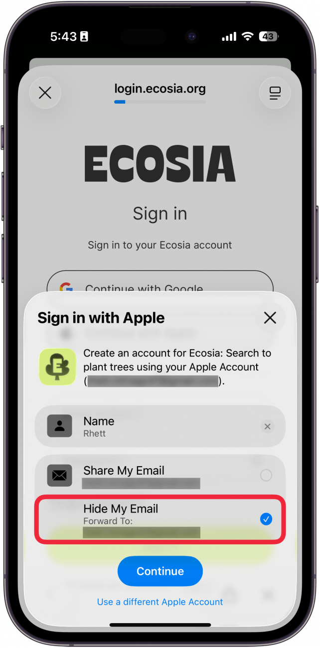 a screenshot of iphone sign in with apple pop up with a red box around hide my email option