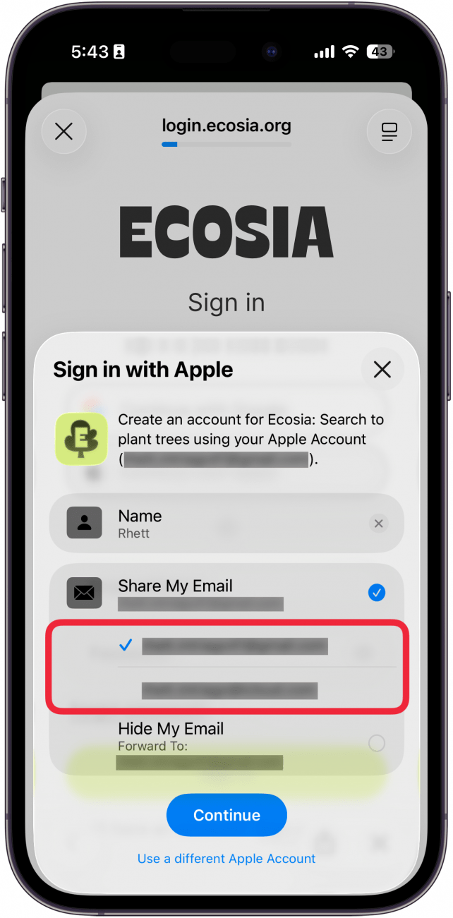 a screenshot of iphone sign in with apple pop up with a red box around share my email options