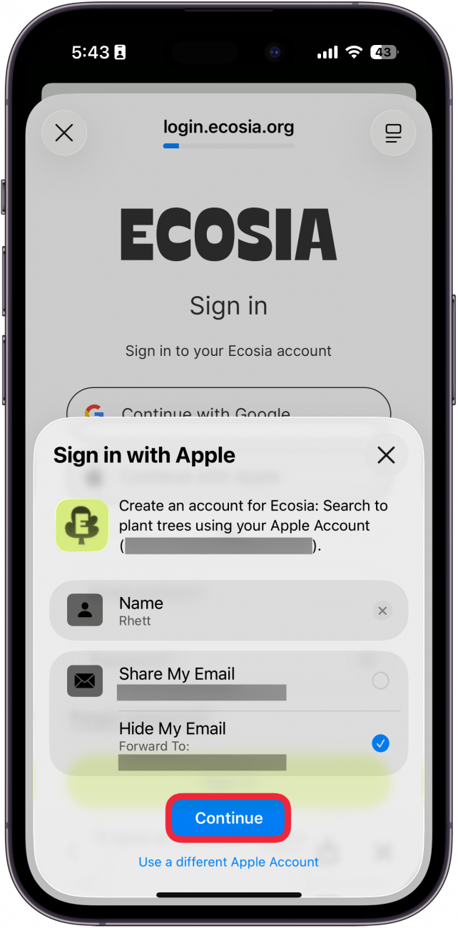 a screenshot of iphone sign in with apple pop up with a red box around continue button