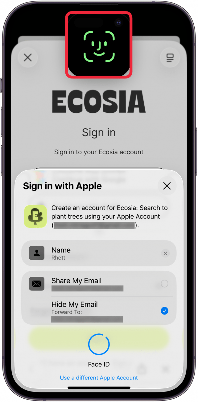 a screenshot of iphone sign in with apple pop up with a red box around Face ID icon