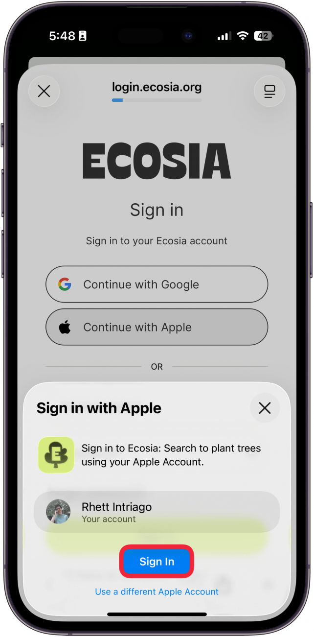 a screenshot of iphone sign in with apple pop up with a red box around sign in button