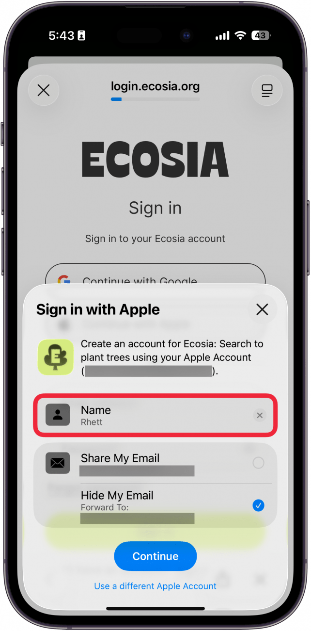 a screenshot of iphone sign in with apple pop up with a red box around name box, indicating that a user can select the box to edit their name