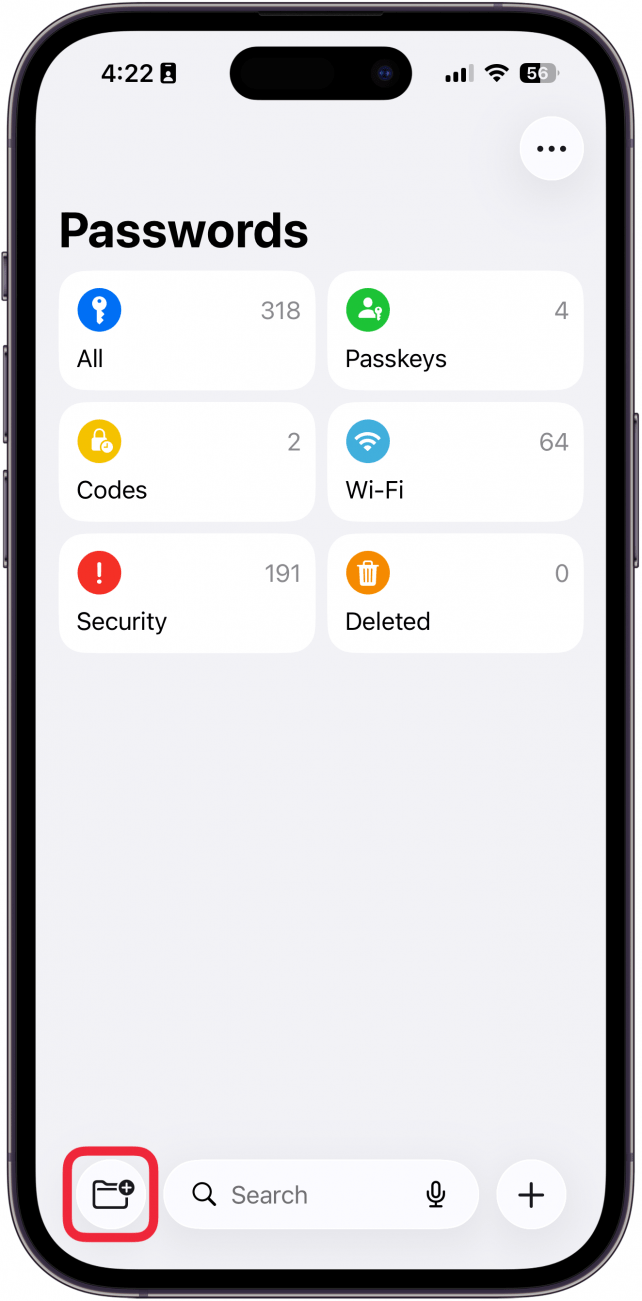  a screenshot of the passwords app on iphone with a red box around the new shared group button