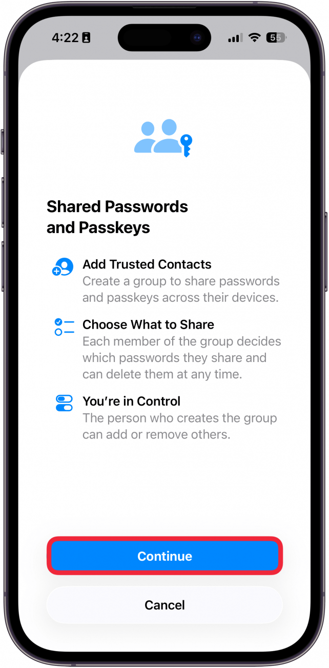a screenshot displaying the shared password and passkeys explanation screen with continue button circled in red