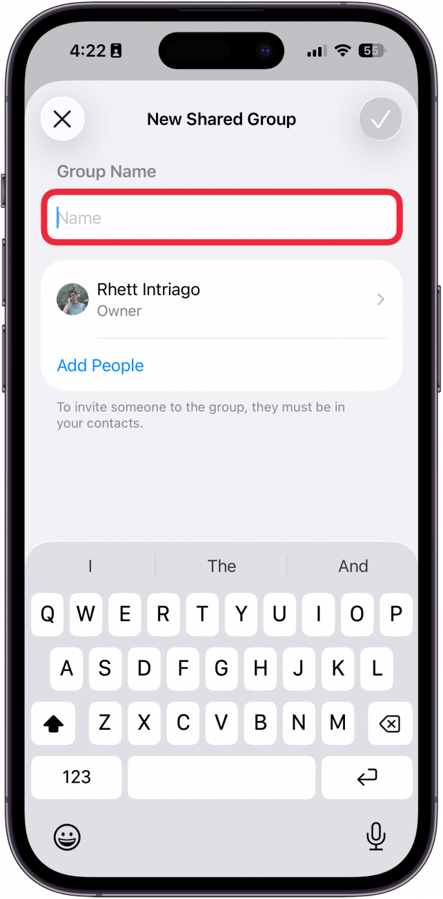 a screenshot of the iphone passwords app showing the create shared password group screen with group name circled in red