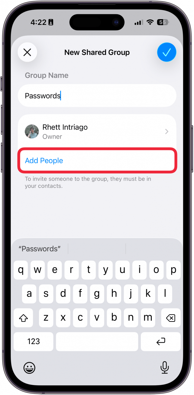 a screenshot of the iphone passwords app showing the create shared password group screen with add people button circled in red