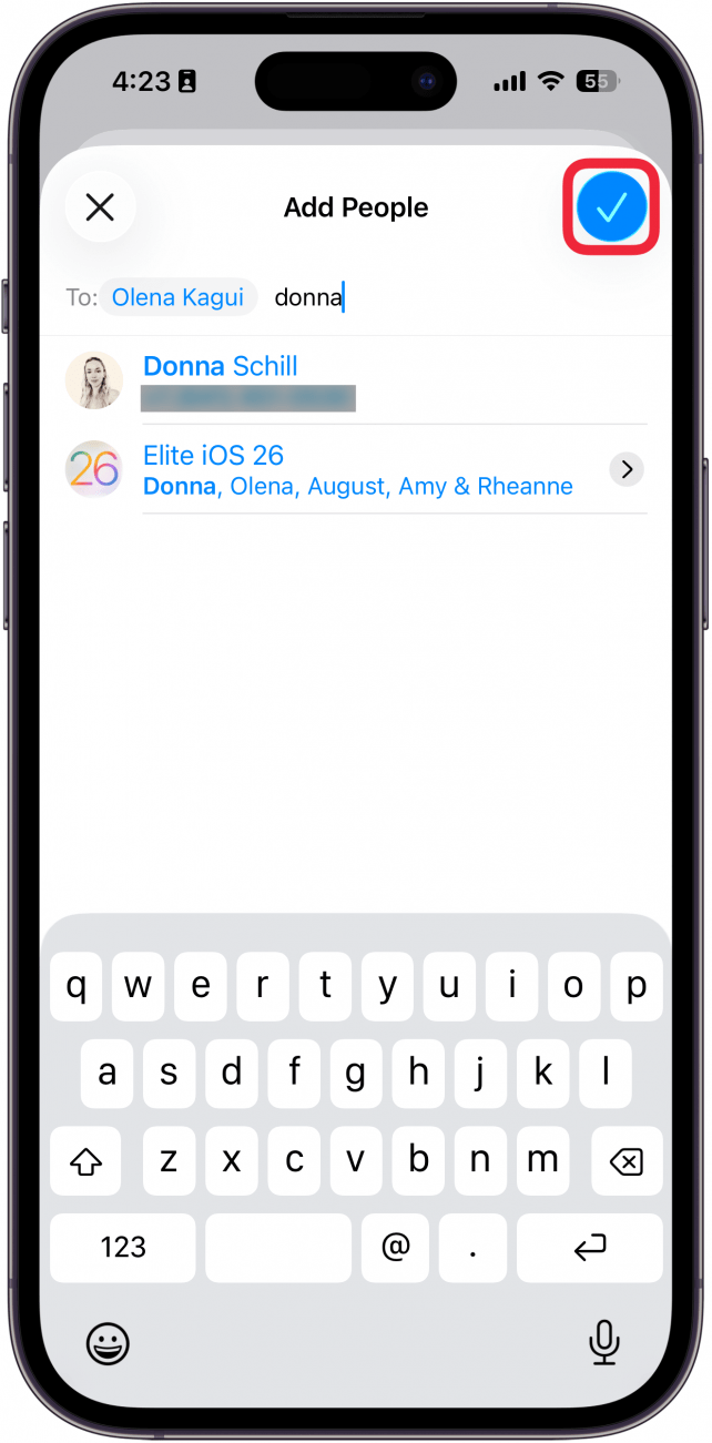 a screenshot of the passwords app on the iphone displaying a list of contacts with a red box around the checkmark icon