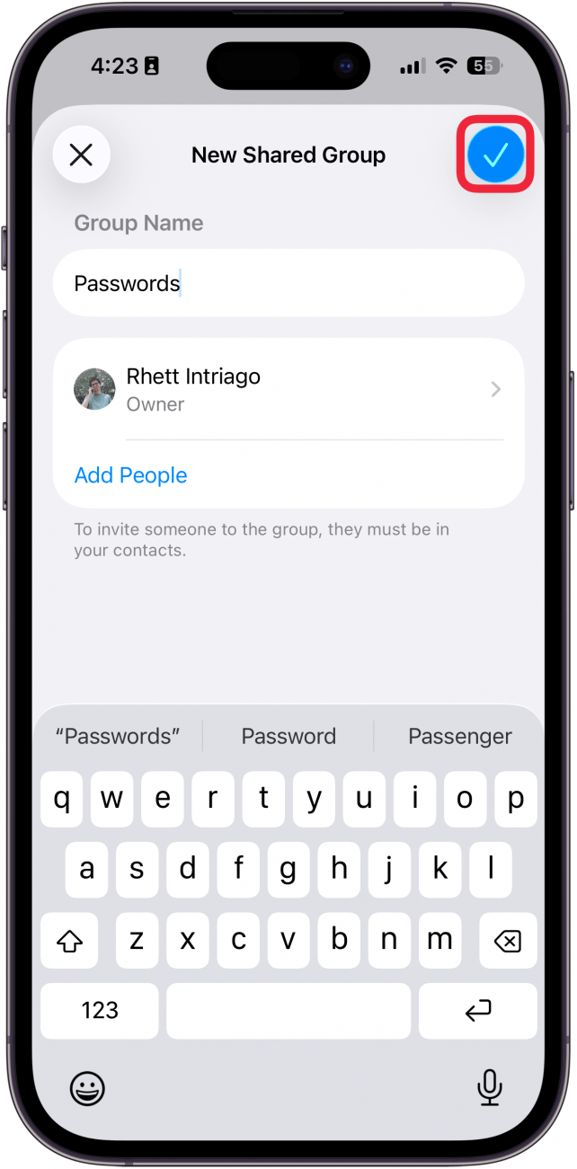 a screenshot of the iphone passwords app showing the create shared password group screen with the checkmark button circled in red
