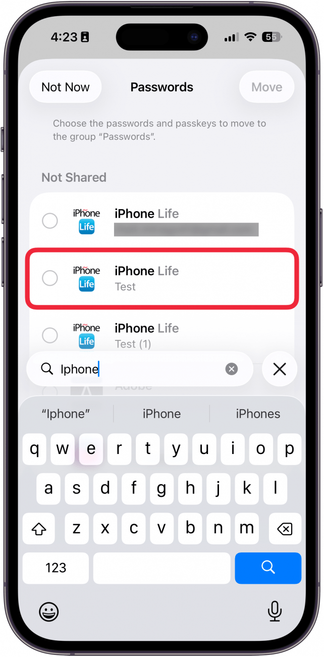 a screenshot of the iphone passwords app displaying the shared password group creation screen with a password selection circled in red