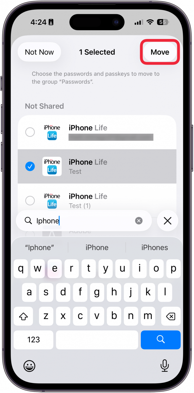 a screenshot of the iphone passwords app displaying the shared password group creation screen with a red box around the move button