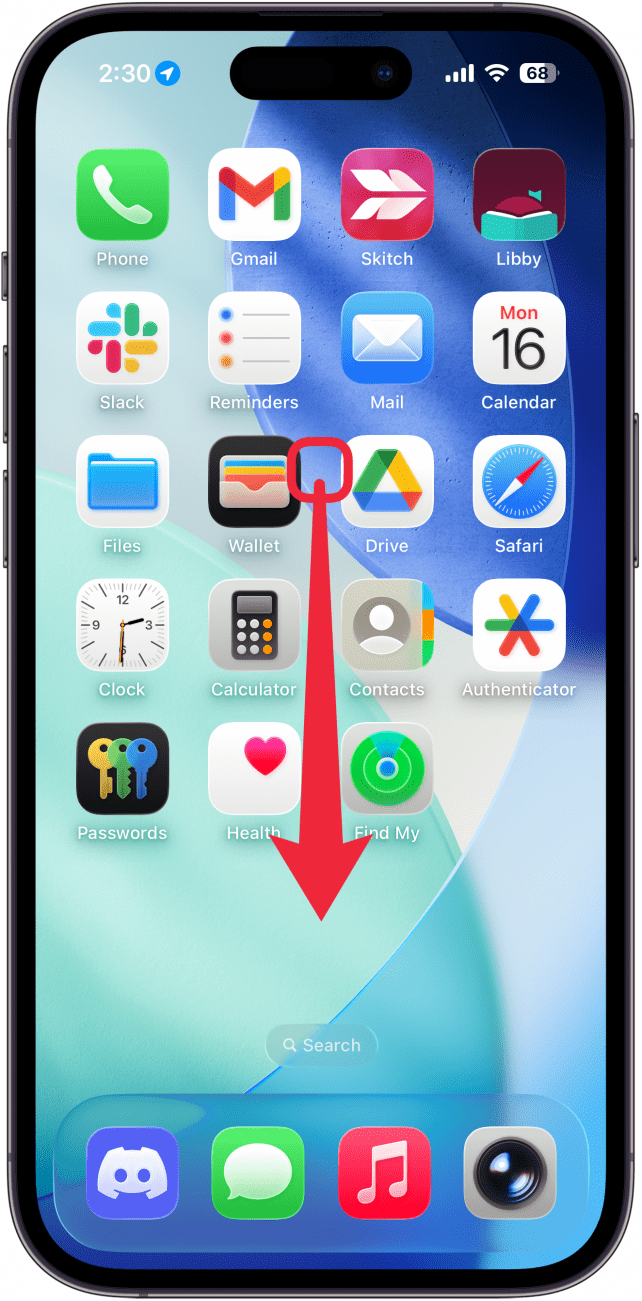 a screenshot of the iphone home screen with a red arrow pointing downwards indicating to swipe down