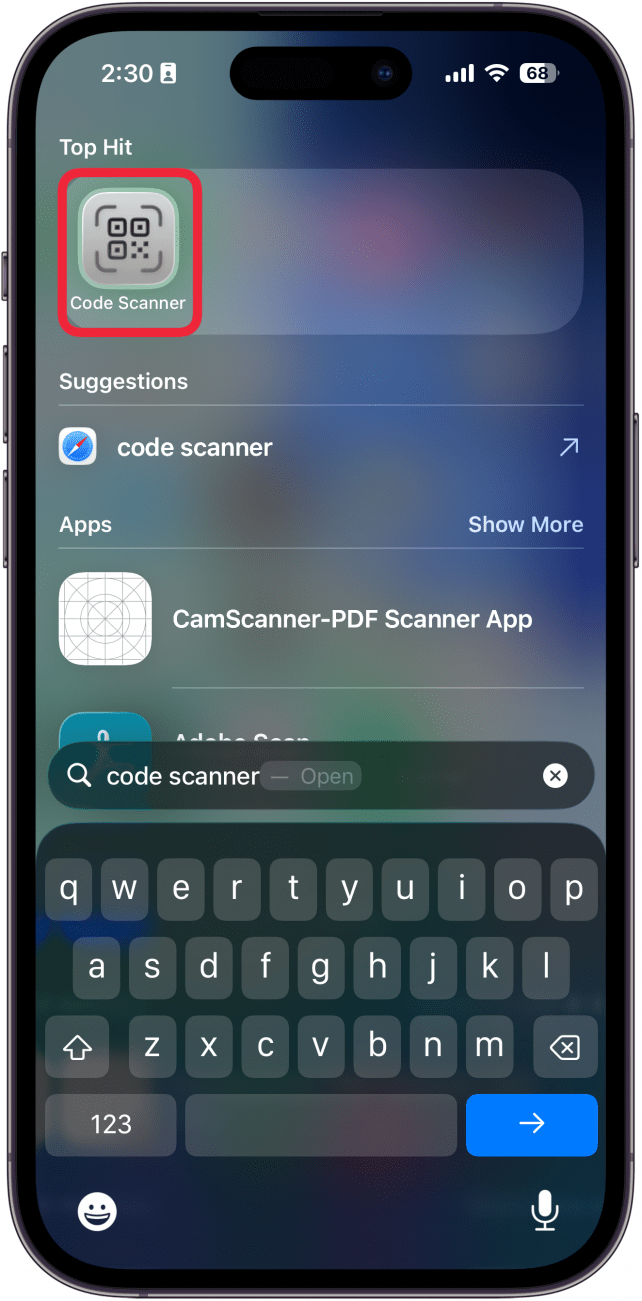 a screenshot of spotlight search on the iphone with a red box around the code scanner app
