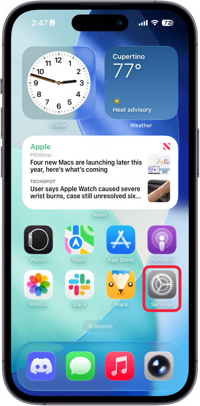 a screenshot of the home screen on iphone with a red box around the settings app