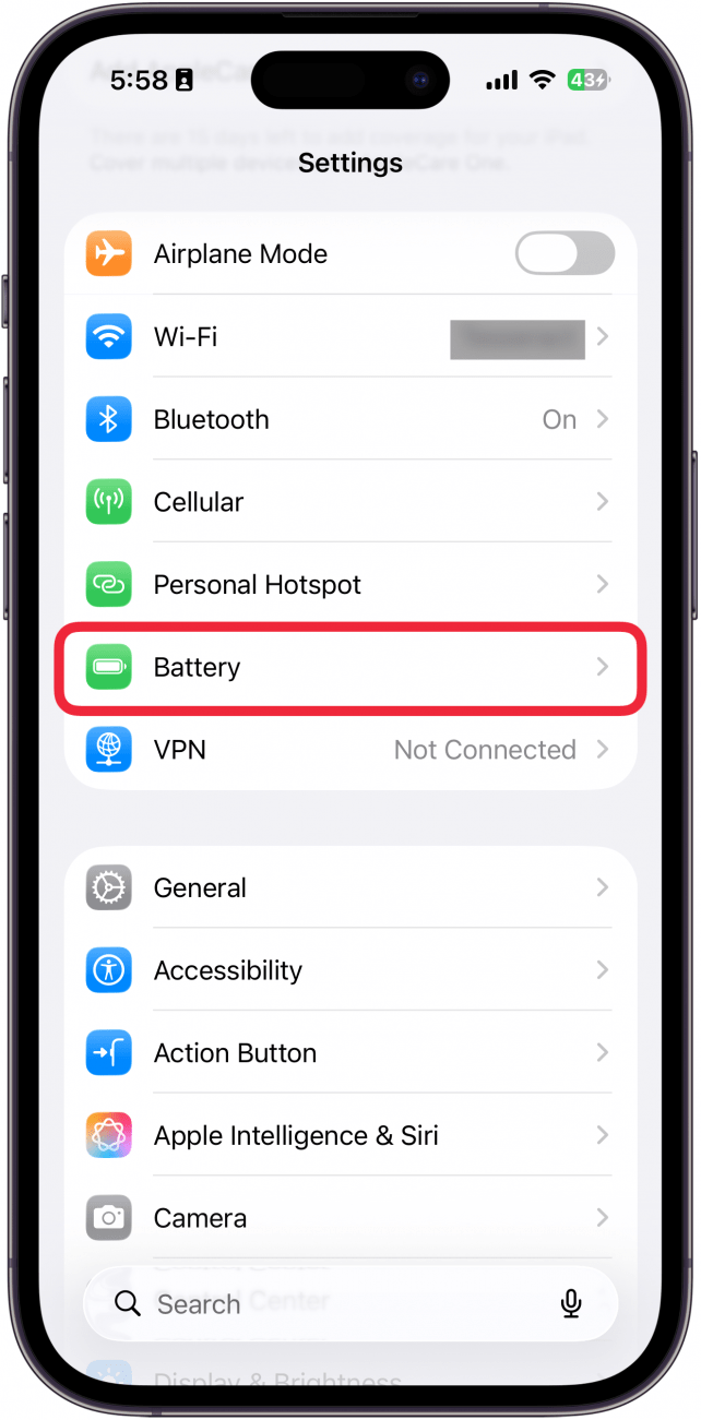 a screenshot of the iphone settings app with a red box around battery