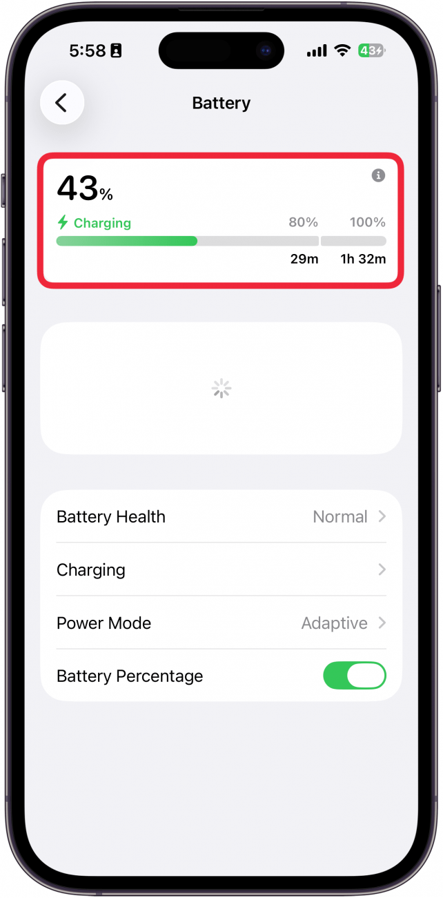 a screenshot of battery settings on the iphone with a red box around charging percentage