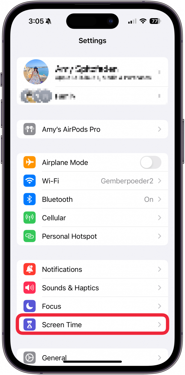 tap screen time in iPhone settings screen time circled in red in iPhone settings
