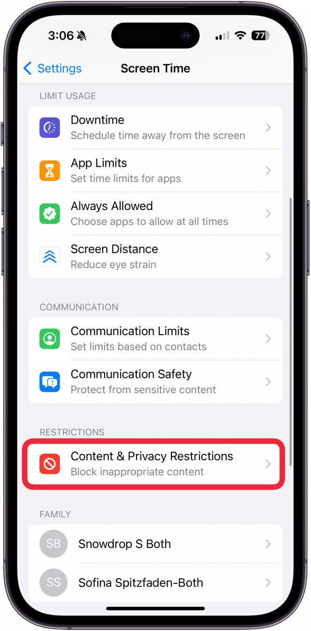 content and privacy restrictions circled in red in screen time settings