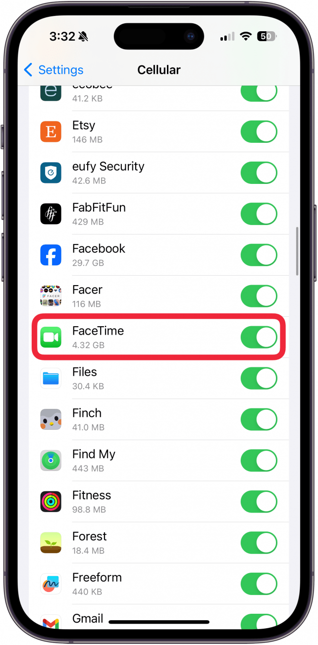 FaceTime toggled on in iPhone screen time settings