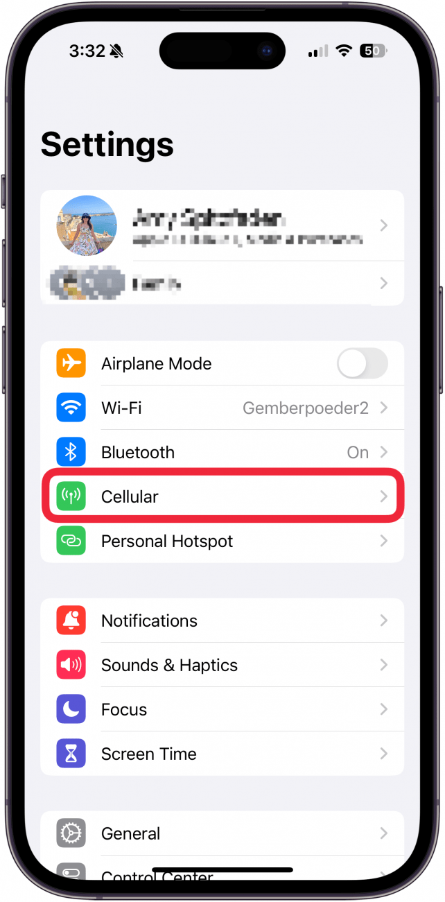 tap cellular in iPhone settings